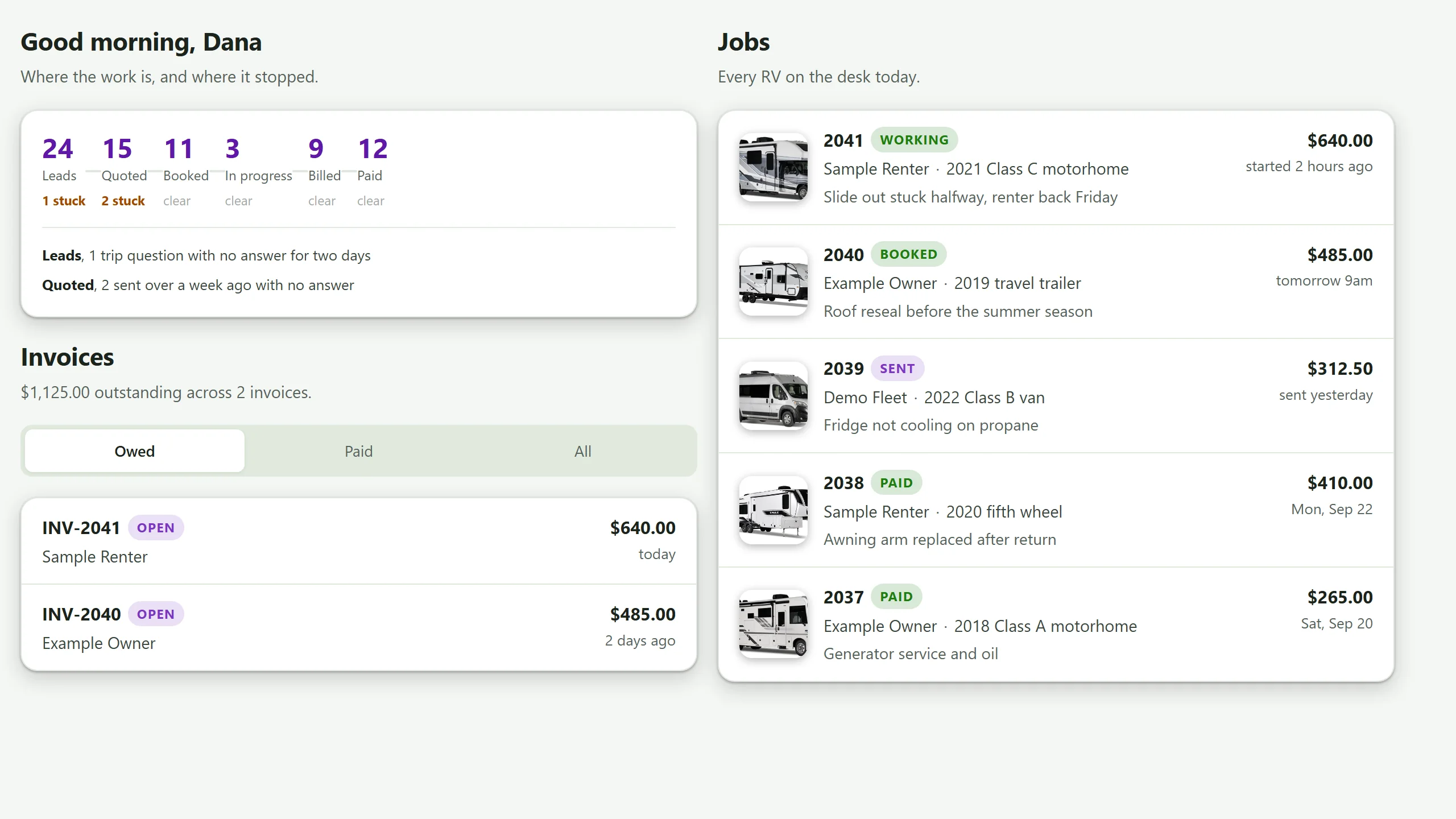 The RV Shop Desk home screen: leads, quotes, bookings and payments counted across the top, open invoices, and every RV job on the desk today with its status and amount