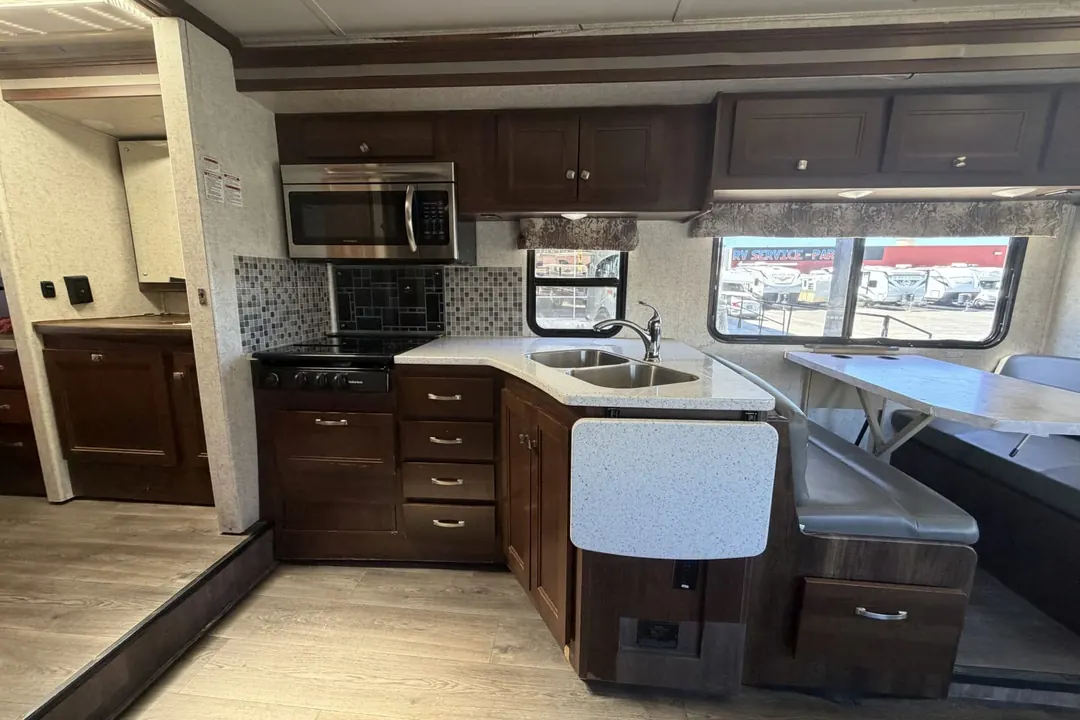 The galley and dinette in a 2017 Forest River Forester
