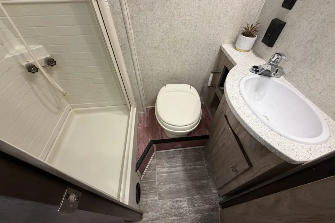The bathroom sink and toilet in a 2019 Forest River Sunseeker